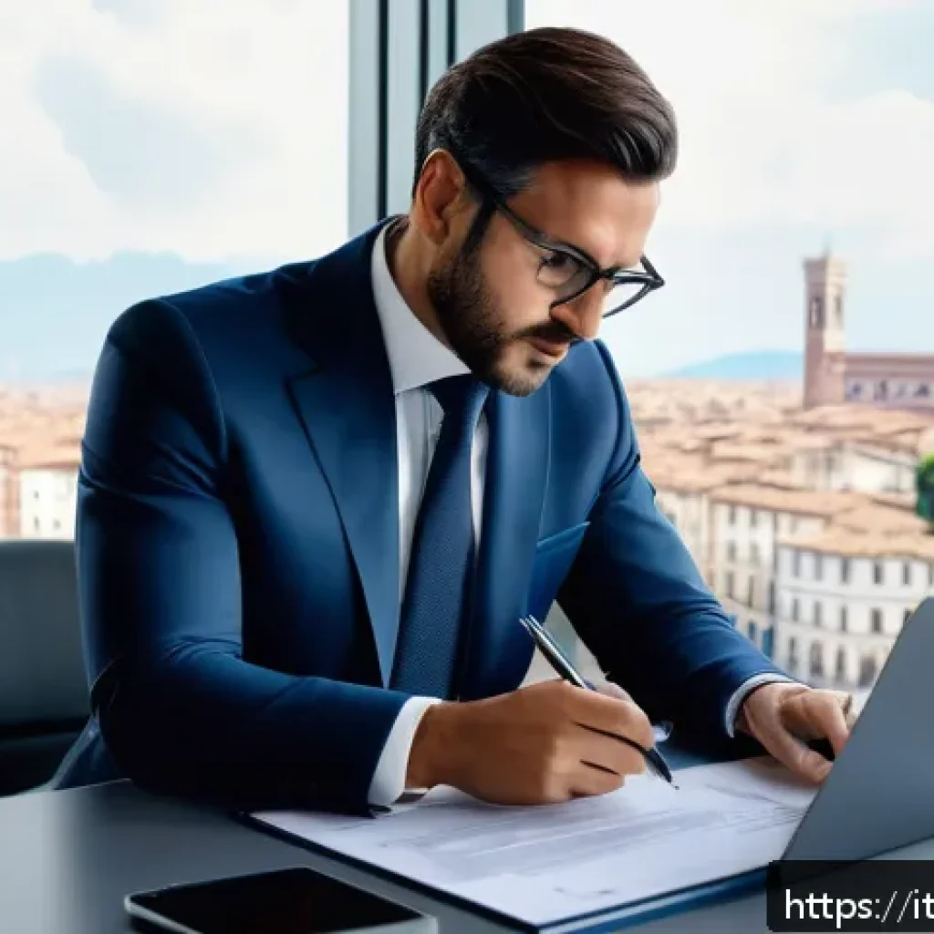 법률 자문가의 비즈니스 계약 자문 - A professional Italian business consultant in a modern office setting, carefully reviewing detailed ...