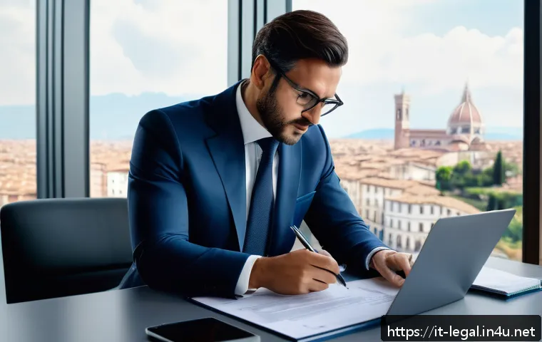 법률 자문가의 비즈니스 계약 자문 - A professional Italian business consultant in a modern office setting, carefully reviewing detailed ...