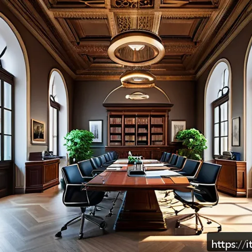법률 자문가의 경력 변화 - A modern Italian legal office interior with a diverse team of professional lawyers working collabora...