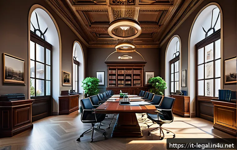 법률 자문가의 경력 변화 - A modern Italian legal office interior with a diverse team of professional lawyers working collabora...