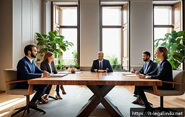 법률 자문가의 직무 만족도 - A modern Italian legal office environment showing a diverse team of professional legal consultants c...