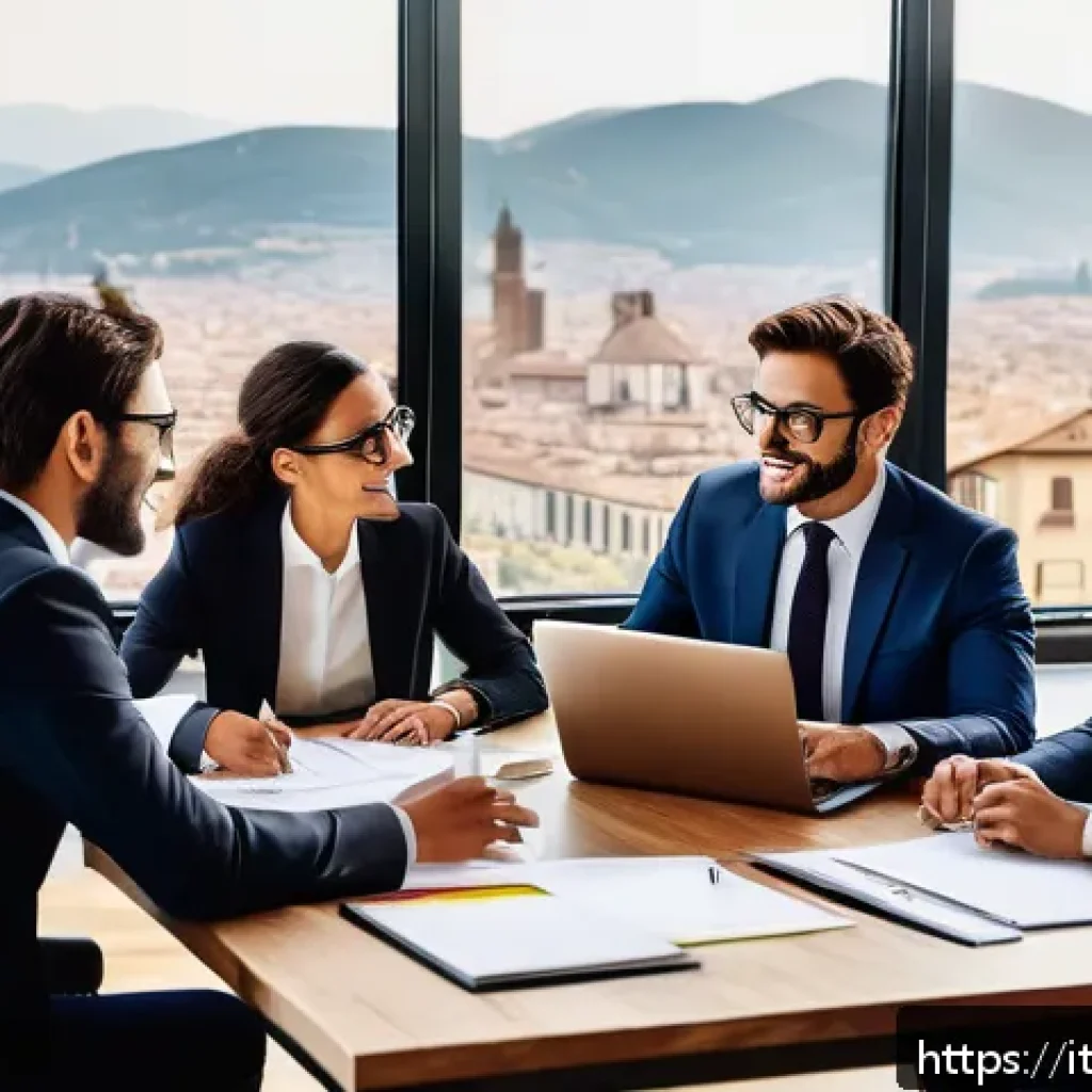 법률 자문가의 직무 만족도 조사 - A modern Italian legal office scene showing a diverse team of legal consultants collaborating around...