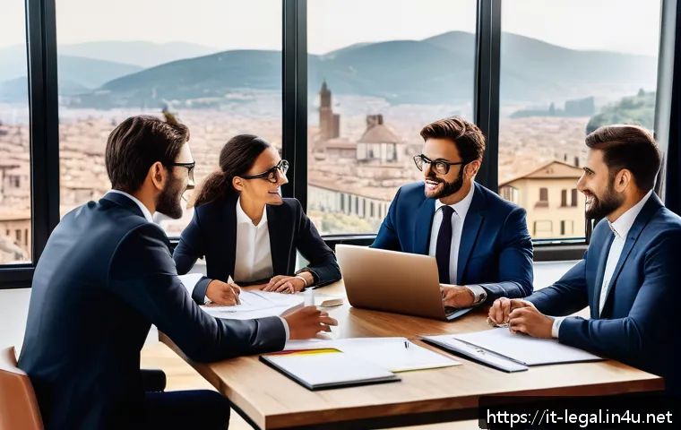 법률 자문가의 직무 만족도 조사 - A modern Italian legal office scene showing a diverse team of legal consultants collaborating around...