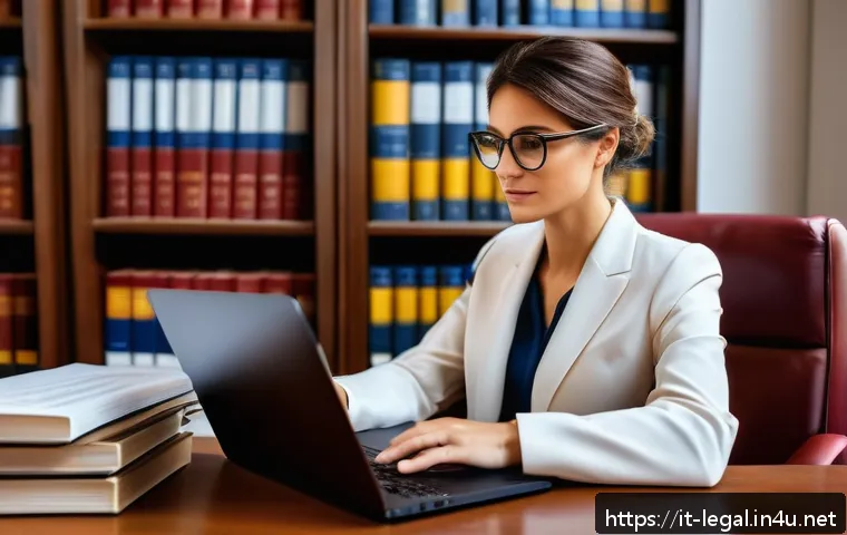 법률자문가 중점 과목 - A modern Italian legal consultant office scene showing a professional woman in smart business attire...