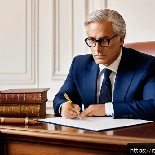 Home 33 법률 자문가의 경험 공유 - A professional Italian lawyer sitting at a polished wooden desk in a classic office, carefully revie...