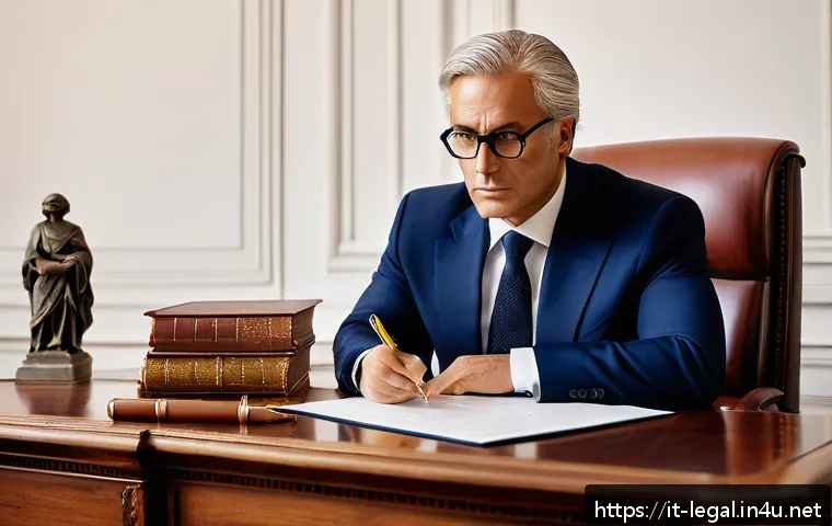 법률 자문가의 경험 공유 - A professional Italian lawyer sitting at a polished wooden desk in a classic office, carefully revie...