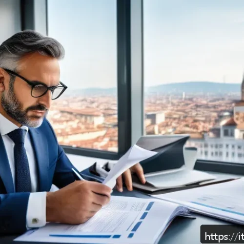 Home 17 법률자문가의 법률적 리스크 분석 - A professional Italian business consultant in a modern office environment, carefully reviewing detai...