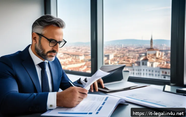 법률자문가의 법률적 리스크 분석 - A professional Italian business consultant in a modern office environment, carefully reviewing detai...