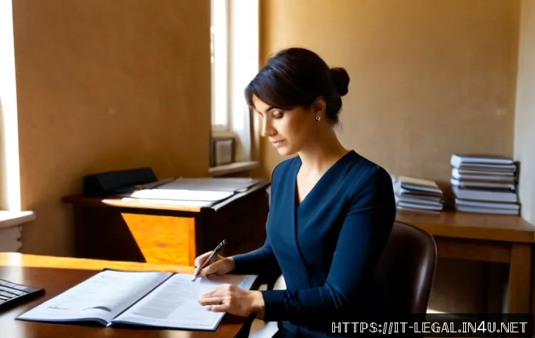 Home 17 법률 자격증 최신 정보 - Photorealistic Italian legal certification study scene, confident adult woman reviewing organized le...